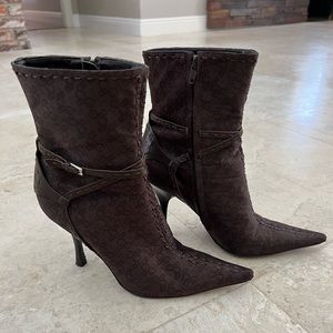 BCBG Women’s Fabric Mid-Calf Stiletto Heel Bootie With Logo.